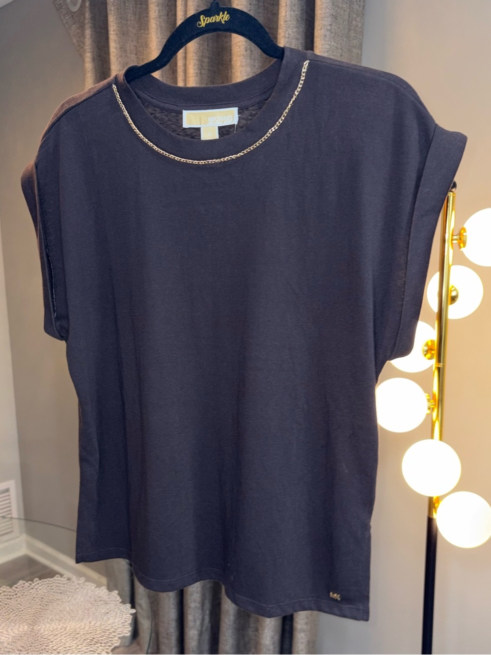 Michael Kors Black Short Sleeve Tee with Gold Chain Neckline